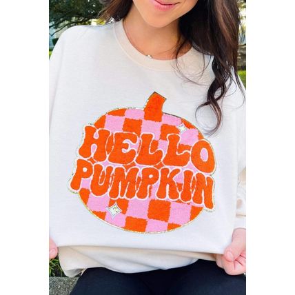 White Terry Halloween Pumpkin Patched Pattern Pullover Sweatshirt