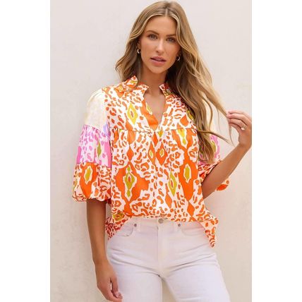 Orange Leopard Colorblock Puff Sleeve Split Neck Blouse