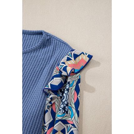 Ashleigh Blue Ruffled Floral Sleeve Patchwork Waffle Knit O Neck Blouse