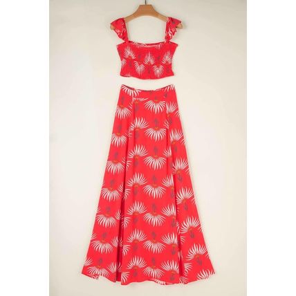 Red Floral Shirred Off Shoulder Crop Top and Slit Maxi Skirt Set