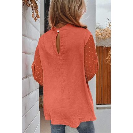 Russet Orange Swiss Dot Balloon Sleeve Loose Blouse
