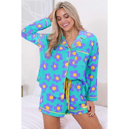 Green Flower Print Long Sleeve Shirt Shorts Pajamas Set
