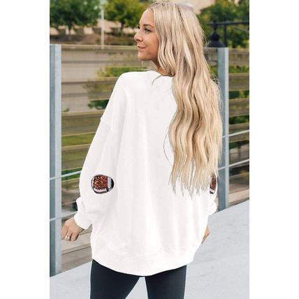 Beige Sequin Rugby Football Patched Pattern Crewneck Game Day Sweatshirt