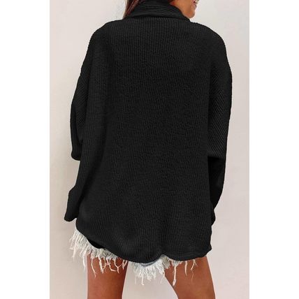 Black Solid Color Corduroy Buttoned Long Sleeve Shacket
