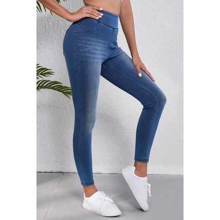 Navy Blue Skinny Elastic Waist Ankle Length Mid Waist Jeggings with Pockets