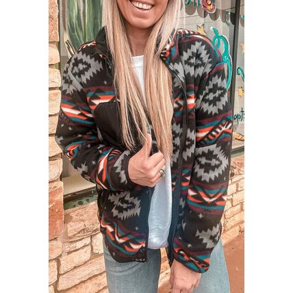 Black Aztec Printed Zip Up Collar Jacket