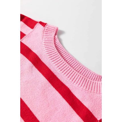 Pink Stripe Bubble Sleeve Drop Shoulder Ribbed Trim Sweater
