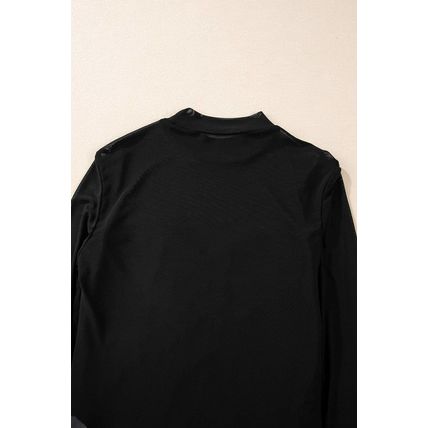 Black Sequin Velvet Sheer Mesh Mock Neck Blouse