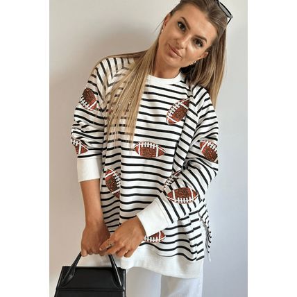Black Stripe Sequin Rugby Football Side Slits Oversized Sweatshirt