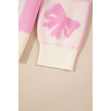 Pink Bowknot Checkered Pattern V Neck Drop Shoulder Button Up Cardigan
