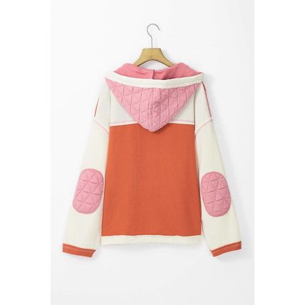Coral Quilted Textured Patchwork Loose Fit Hooded Jacket