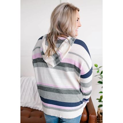 Plus Size Striped Hooded Knit Sweater
