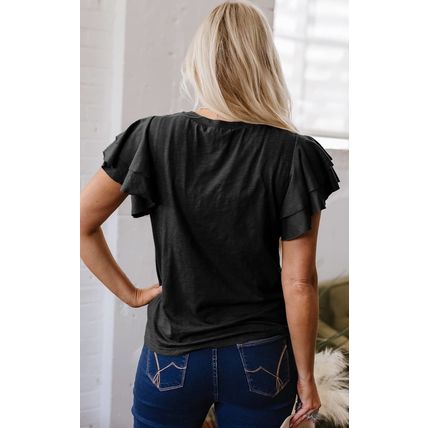 Black Layered Ruffle Short Sleeve Round Neck Top