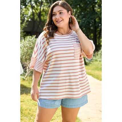 Pink Stripe Waffle Knit Pocketed Half Sleeve Plus Size T Shirt