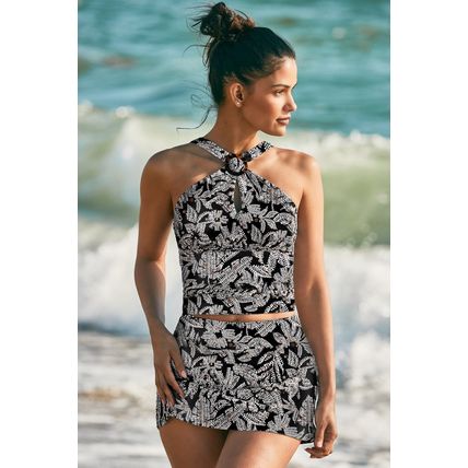 Black Abstract Printed Buckle Crossed Straps Skirted Tankini 2pcs Swimsuit
