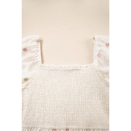Beige Embroidered Flower Smocked Bust Half Puff Sleeve Empire Waist Textured Flo