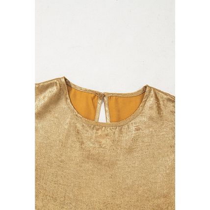 Gold Metal Textured Round Neck Casual Tank Top