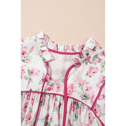 Pink Floral Split Neck Short Sleeve Loose Plus Size Mini Dress