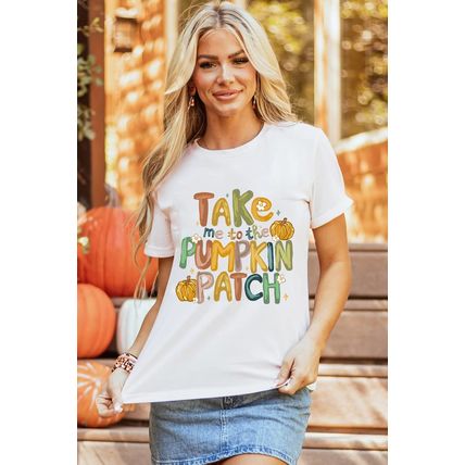 White Take Me To The Pumpkin Patch Cotton Blend T Shirt