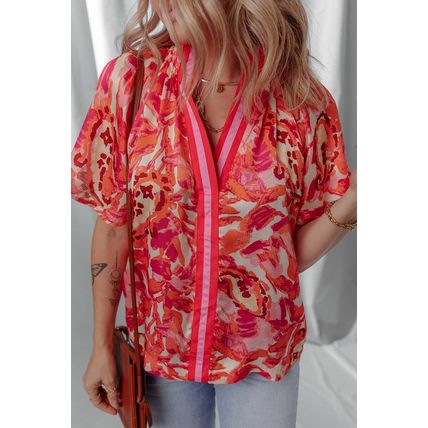 Rose Abstract Print Striped Trim Split Neck Blouse