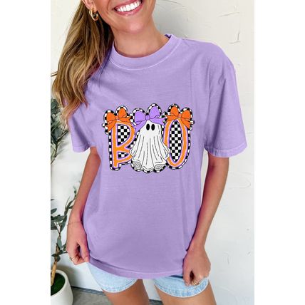 Wisteria Boo Checkered Bow Ghost Halloween Graphic Tee