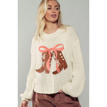 White Embroidered Bow Boots Graphic Drop Shoulder Sweater