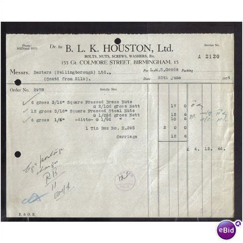 B L K HOUSTON LTD,COLMORE ST,BIRMINGHAM, 25JUN1954