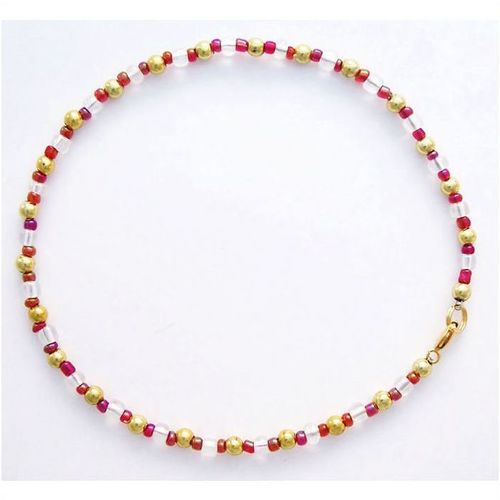 Anklet #004 gold & sparkling clear red glass beads 10.5 inch costume jewelry