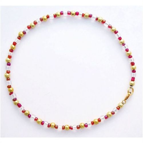 Anklet #004 gold & sparkling clear red glass beads 10.5 inch costume jewelry