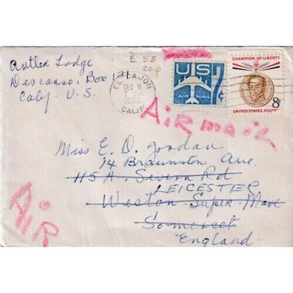 United States 1958 El Cajon CAL-Leicester UK Cover El Cajon cancel written VGC