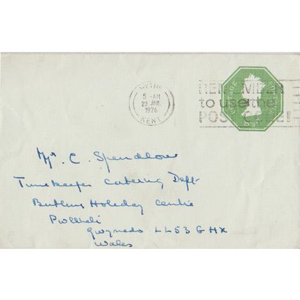 GB 1976 cover 8 and half pence to Pwllheli from Hythe