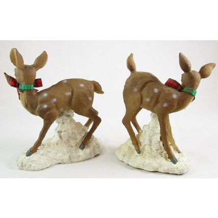 Pair of Deer Does Fawns Wearing Holiday Bows Resin Figurines, Unmarked