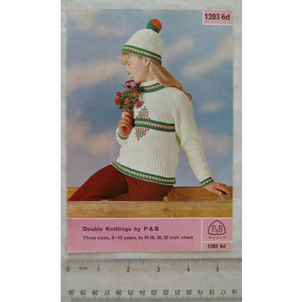 Vintage: P&B 1203 girl's sweater & hat, DK, 8-13 years