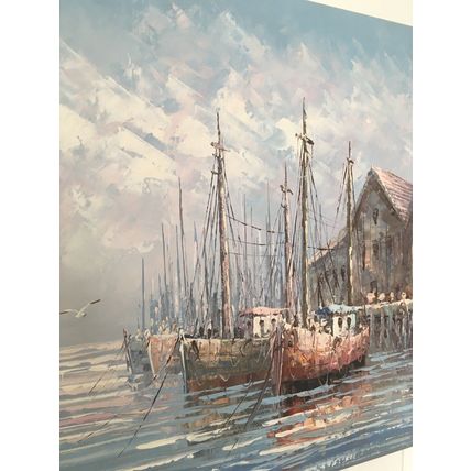 Original Oil Painting On Canvas Fishing Sailing Boats At Boatyard Dock