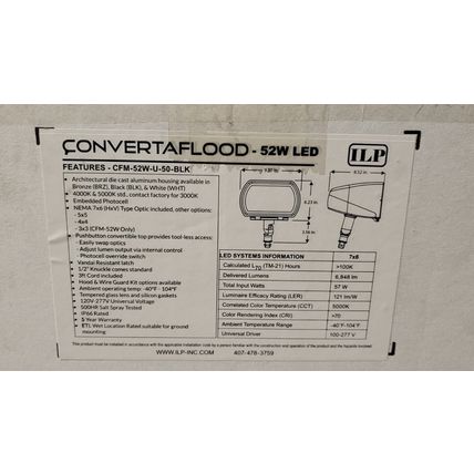 ILP outdoor LED floodlight fixture 52W 6800 lumens 9"x6" 120-277V BLACK