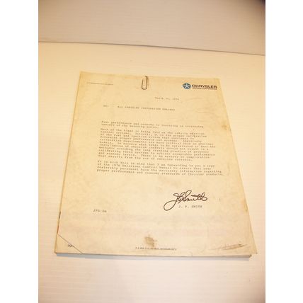 1976 CHRYSLER EMISSION CONTROLS SERVICE TRAINING MANUAL w/ letter from JP SMITH