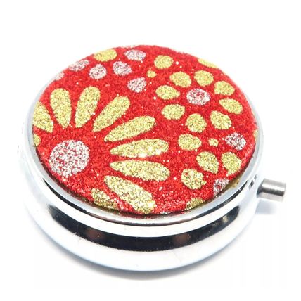 Yellow & Gold Flowers on a Red Glitter Background 1.5 CM Pill Box Gift Storage