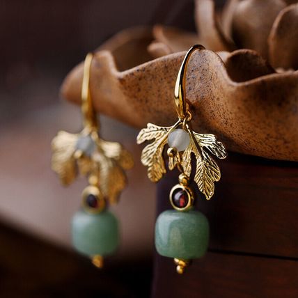 Aventurine Earrings, Gold Leaf Earrings, 24k Gold Plated Earrings, Green
