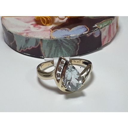 Estate 1.16ctw Natural Pear cut Aquamarine & Diamond Swirl 10Kt Y/Gold Ring20458