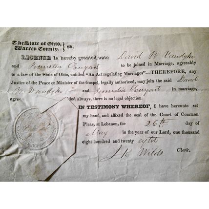 1828 Warren County Ohio original Marriage License, with seal. David W. van Dyke