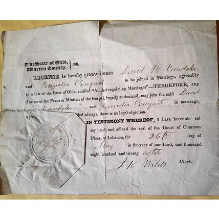 1828 Warren County Ohio original Marriage License, with seal. David W. van Dyke