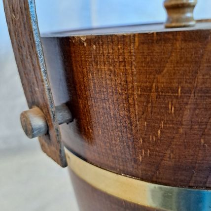 Vintage WOOD ICE BUCKET Barrel Brass Lid & Liner Handle 8" Wooden Barware Holder