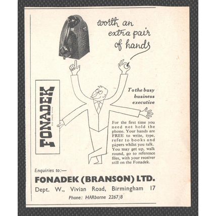 FONADEK Birmingham HANDS FREE PHONE SYSTEM :- Original Vintage 1954 Advert