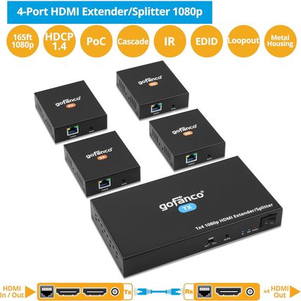 Gofanco 1080P 1X4 HDMI Extender Splitter over Cat5E/6/7 Ethernet Cable - up to 1