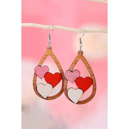 Red Valentines 3 Hearts Insert Water Drop Earrings