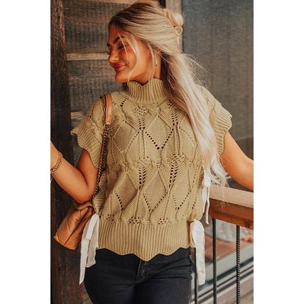 Light French Beige Hollowed Knit Scalloped Trim High Neck Sweater