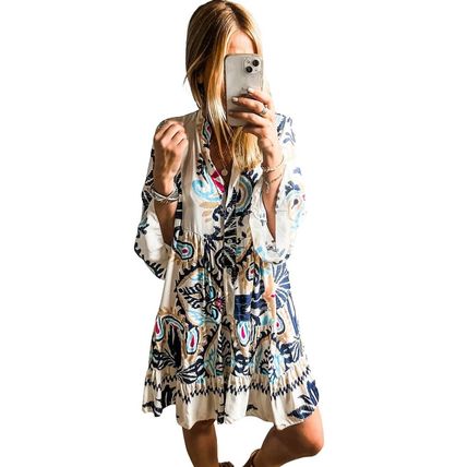 White Printed Tribal Print Bracelet Sleeve Buttoned Mini Dress