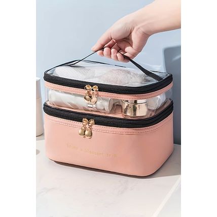 Pink Waterproof PVC Double-layer Cosmetic Bag