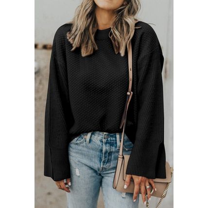 Black Solid Textured Knit Split Cuff Drop Shoulder Loose Sweater