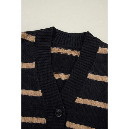 Black Stripe Buttoned V Neck Drop Shoulder Loose Cardigan